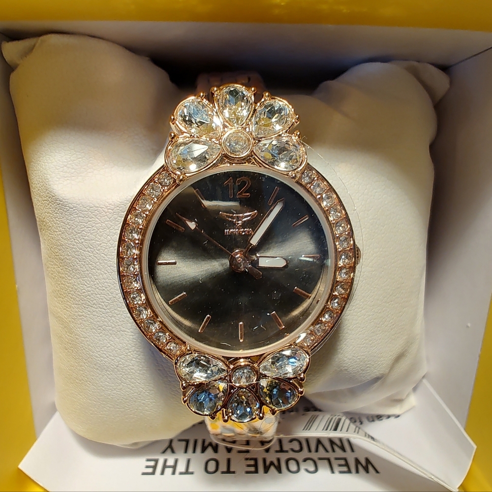 Invicta Wildflower Women's Watch--Rose Gold  With Black Dial and Crystals--30 mm